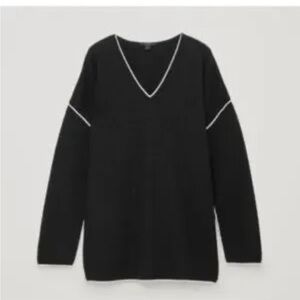 COS Boiled Wool Oversized Relaxed Fit V-Neck Sweater Black with White Piping
